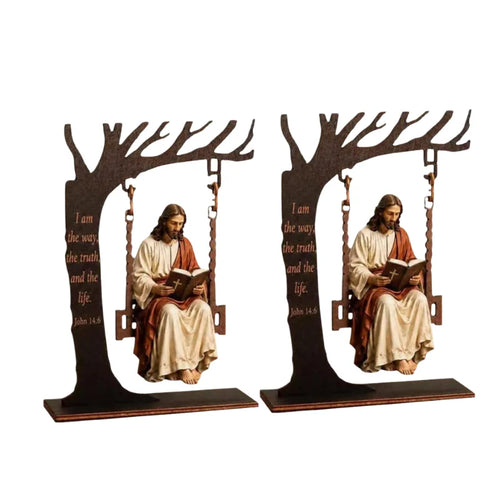 Christian Jesus Swing Tabletop Decoration Wooden Tree Frame With Bible