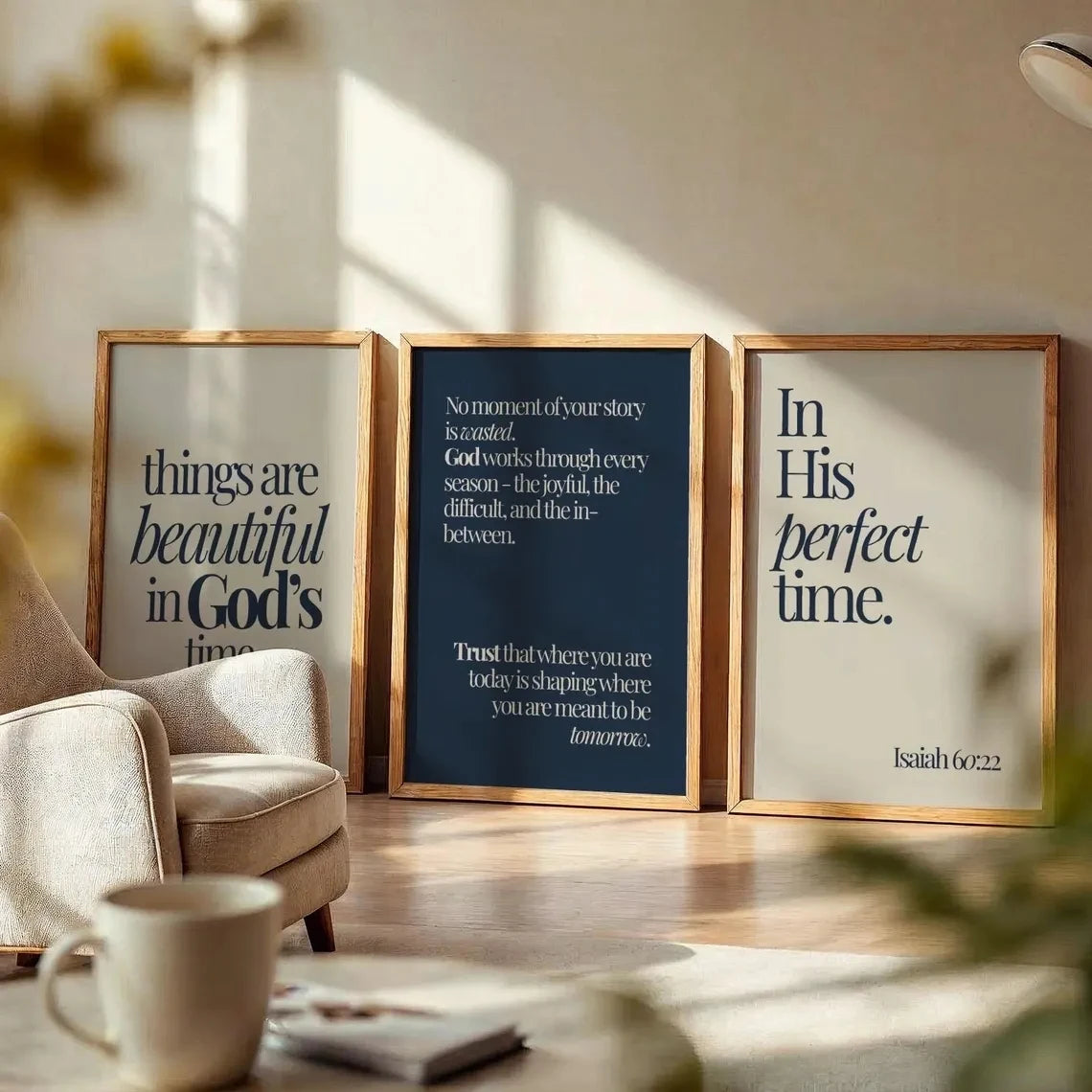 3pcs Minimalist  Navy Christian Bible Verse Trio Wall Art Print Canvas