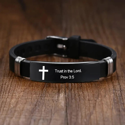 Christian Cross Bible Verse Bracelet Black Stainless Steel