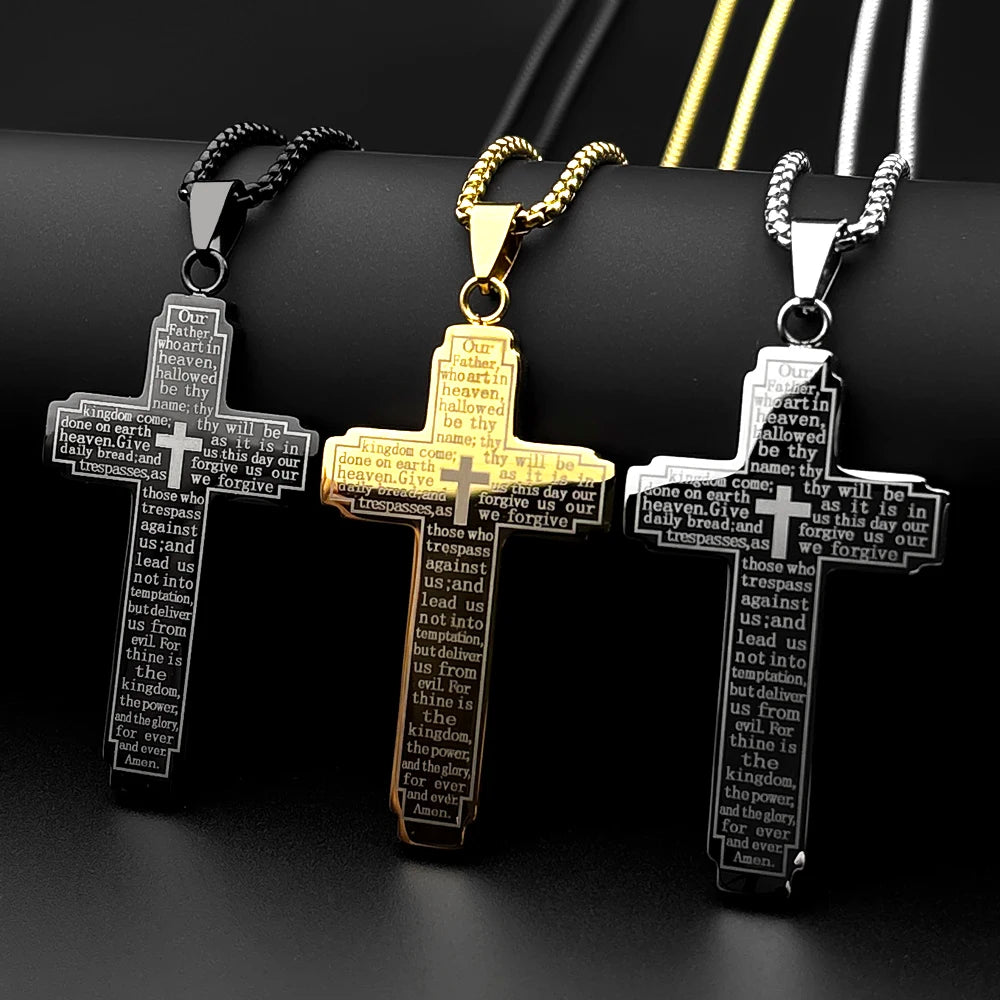 Christian Bible Cross Chain Necklace Stainless Steel Big Pendant