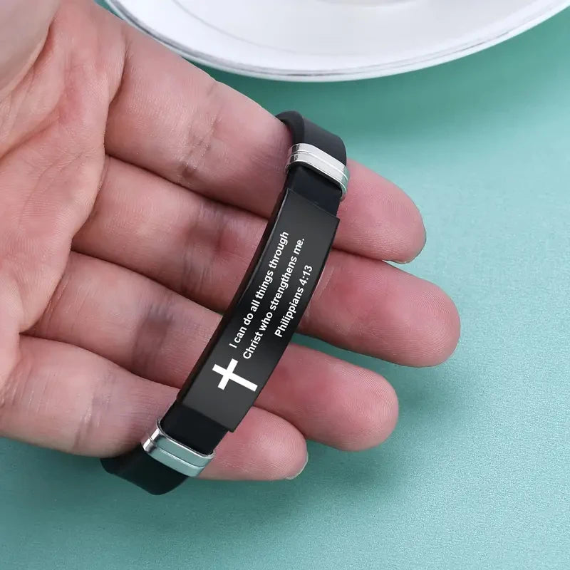 Christian Cross Bible Verse Bracelet Black Stainless Steel
