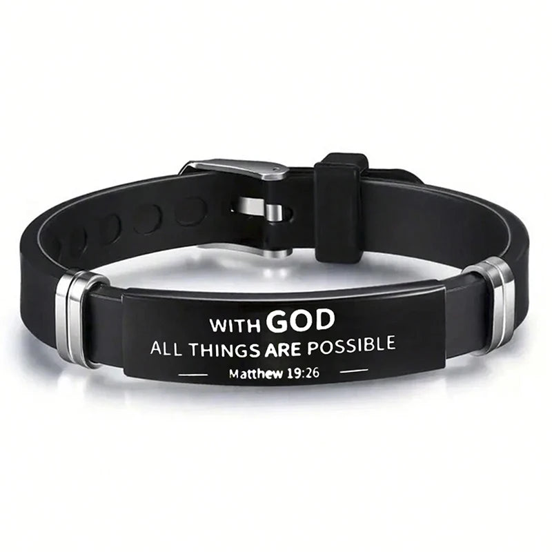 Religious Bible Verse Bracelet Black Stainless Steel Silicone
