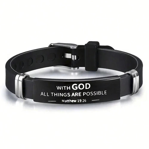 Religious Bible Verse Bracelet Black Stainless Steel Silicone