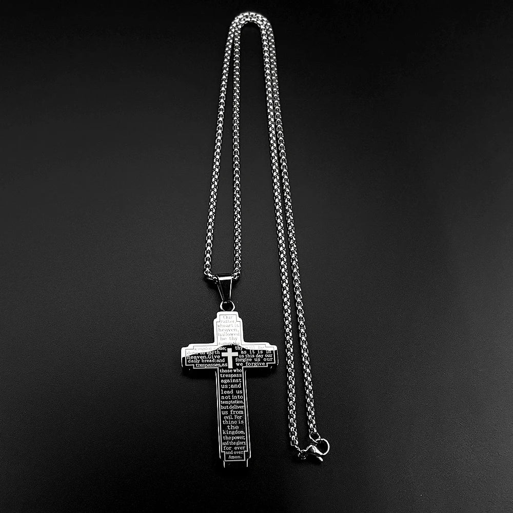 Christian Bible Cross Chain Necklace Stainless Steel Big Pendant