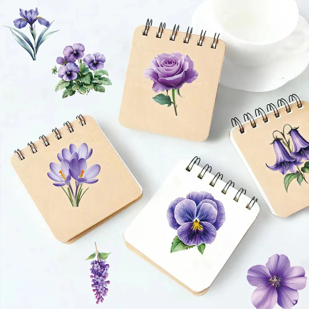 50Pcs Cartoon Purple Flower Sticker Packs Waterproof Transparent PET