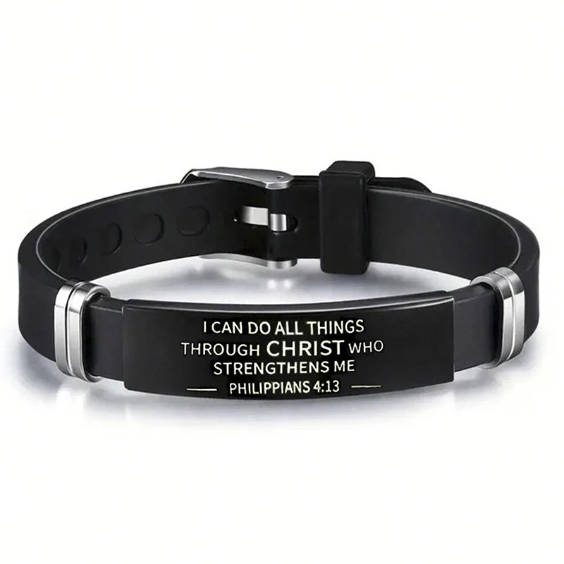 Religious Bible Verse Bracelet Black Stainless Steel Silicone