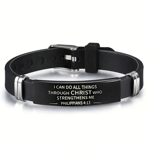 Religious Bible Verse Bracelet Black Stainless Steel Silicone