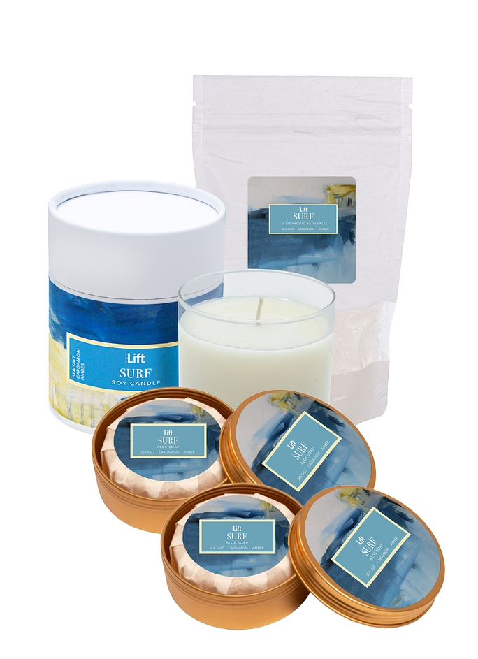 Spa Day Set | Surf | Soy Candle, Aloe Soaps & Soaking Salts | Sea Salt, Cardamom & Amber | LiftWorks | HHPLIFT