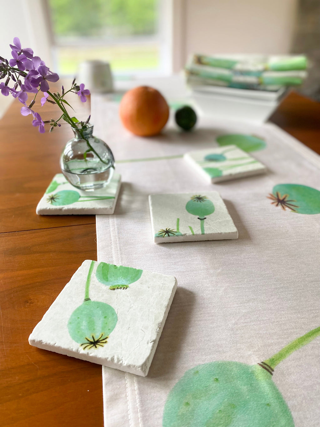 Coaster Set: Poppy Pods on Ecru