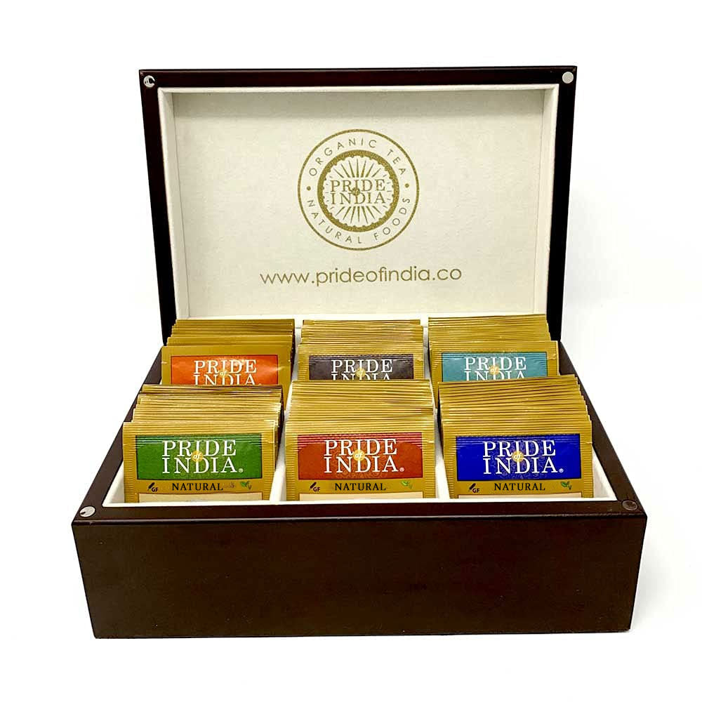 Indian Tea Assortment Chest | 6 Types, 72 Tea Bags | From the Slopes of the Himalayas | Reusable Wooden Chest | Pride of India