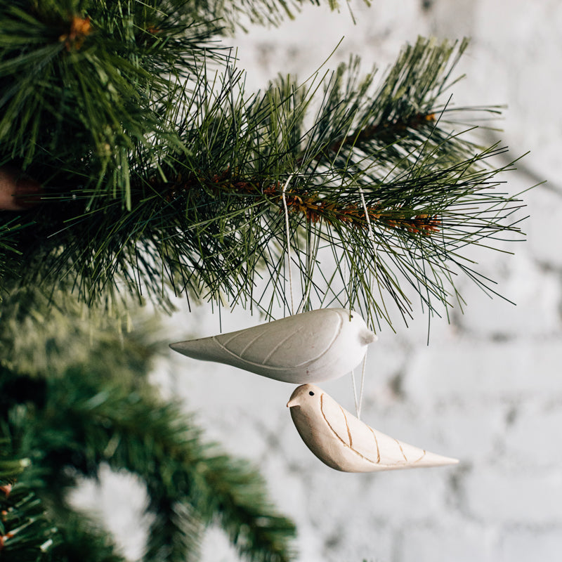 Hand-Carved Jacaranda Wood Bird Ornament | Faith | Christmas & Year-Round | White & Natural