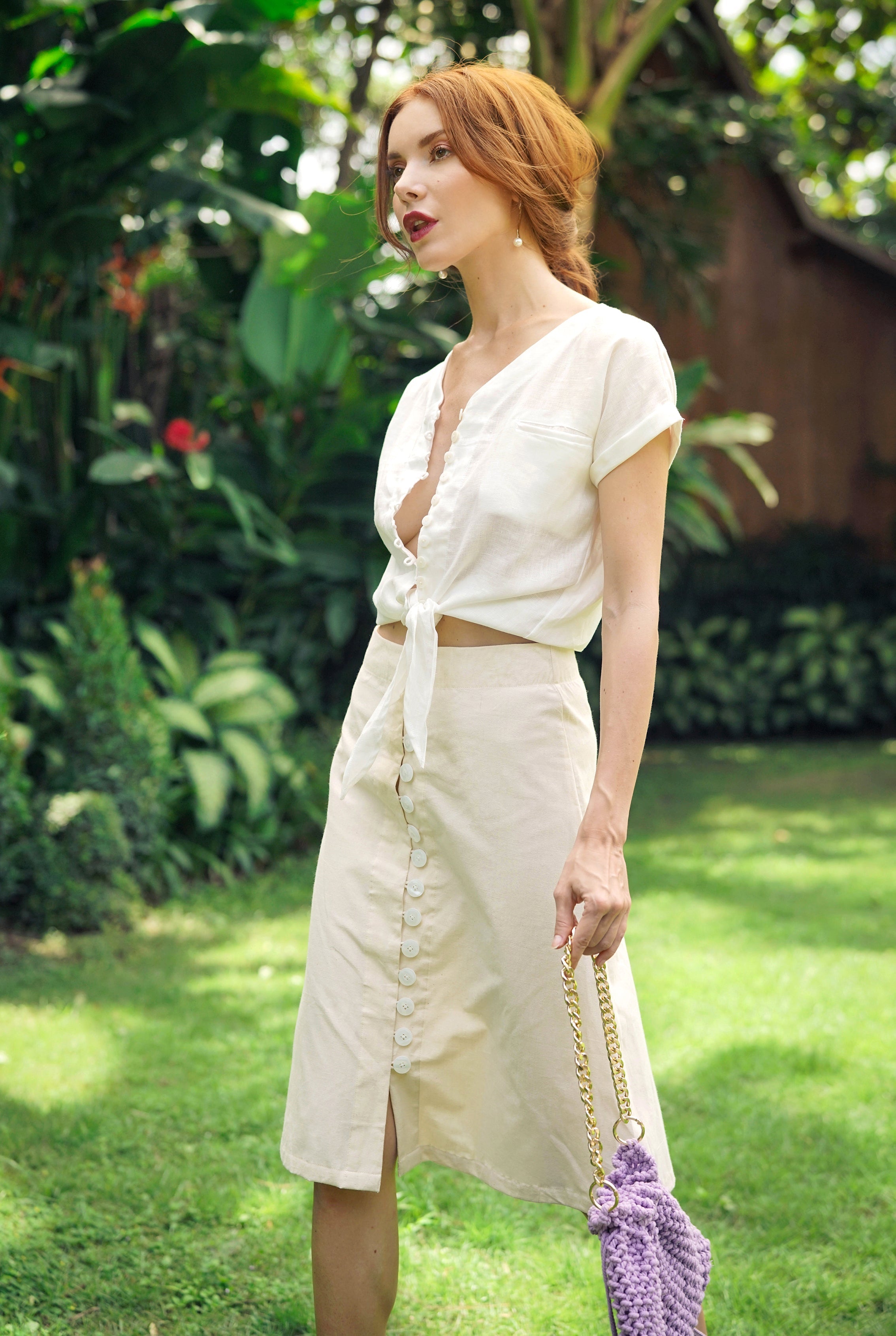 Handwoven Button-Down Midi Skirt – Off-White Cotton