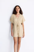 V-Neck Drawstring Romper – Neutral Beige