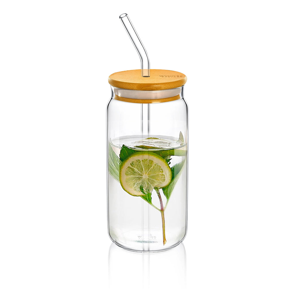 Glass Tumbler with Bamboo Lid & Glass Straw | 17 fl oz | Crystal Clear | Dishwasher Safe | England | Wilmax England