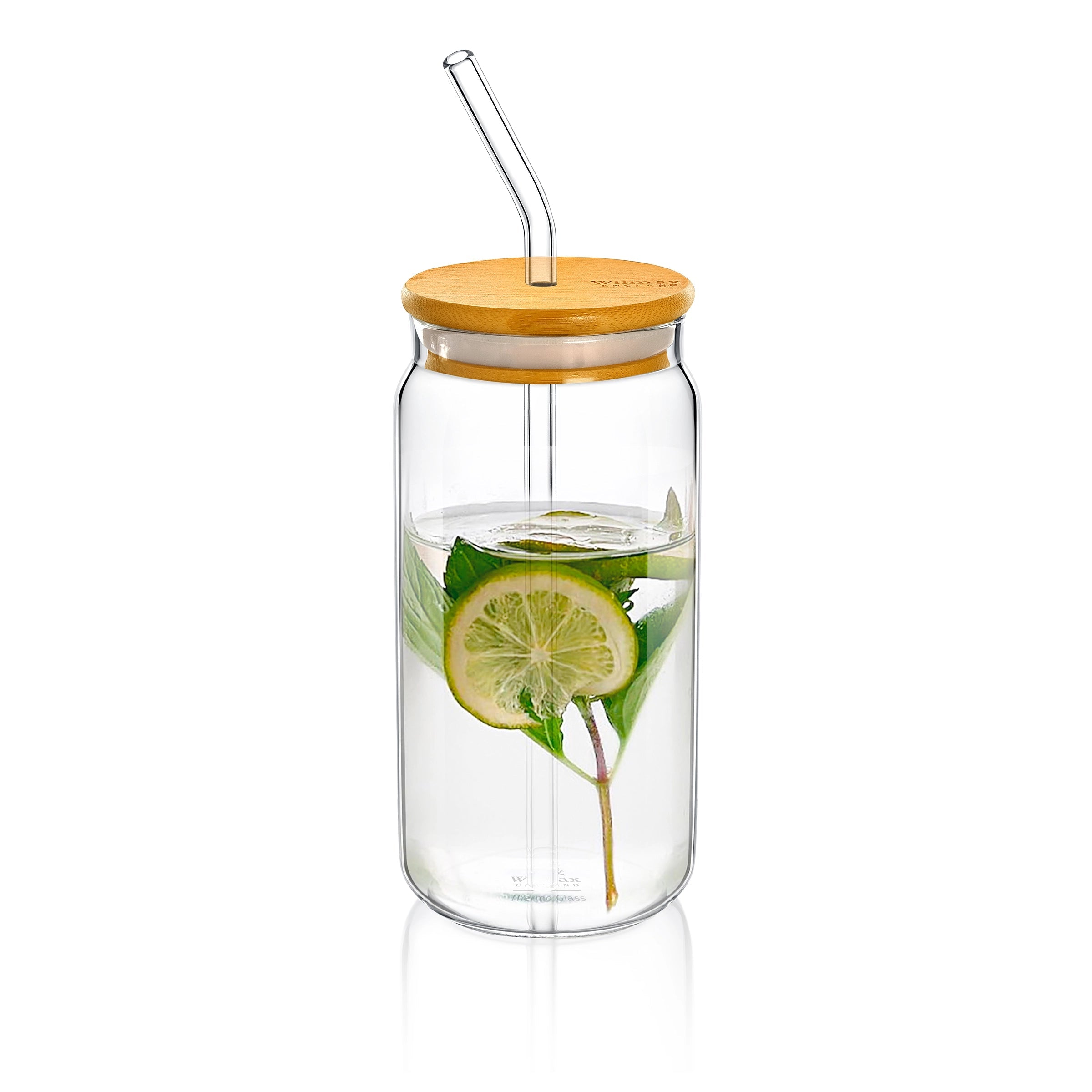 Glass Tumbler with Bamboo Lid & Glass Straw | 17 fl oz | Crystal Clear | Dishwasher Safe | England | Wilmax England