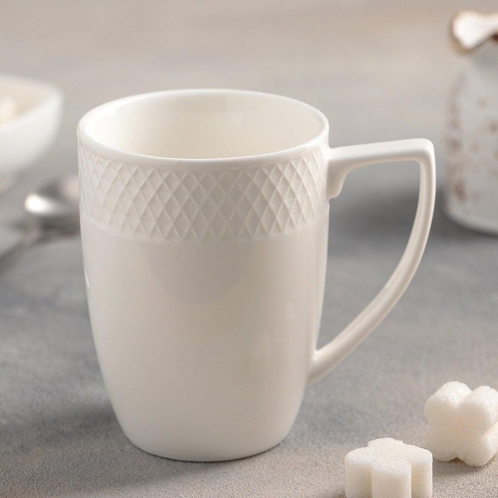 Julia White Fine Porcelain Coffee Mug | 12 oz | Embossed Rolled Rim | Made in England | Sold Individually | Wilmax