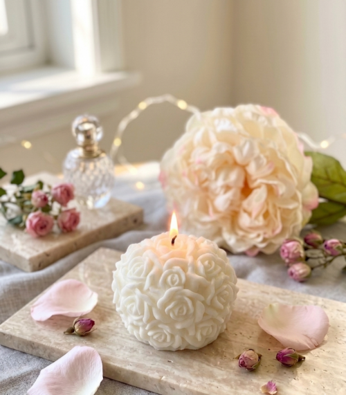 Rose Blossom Sculpture Candle – Hand-Poured Soy Wax | Ivory & Rose