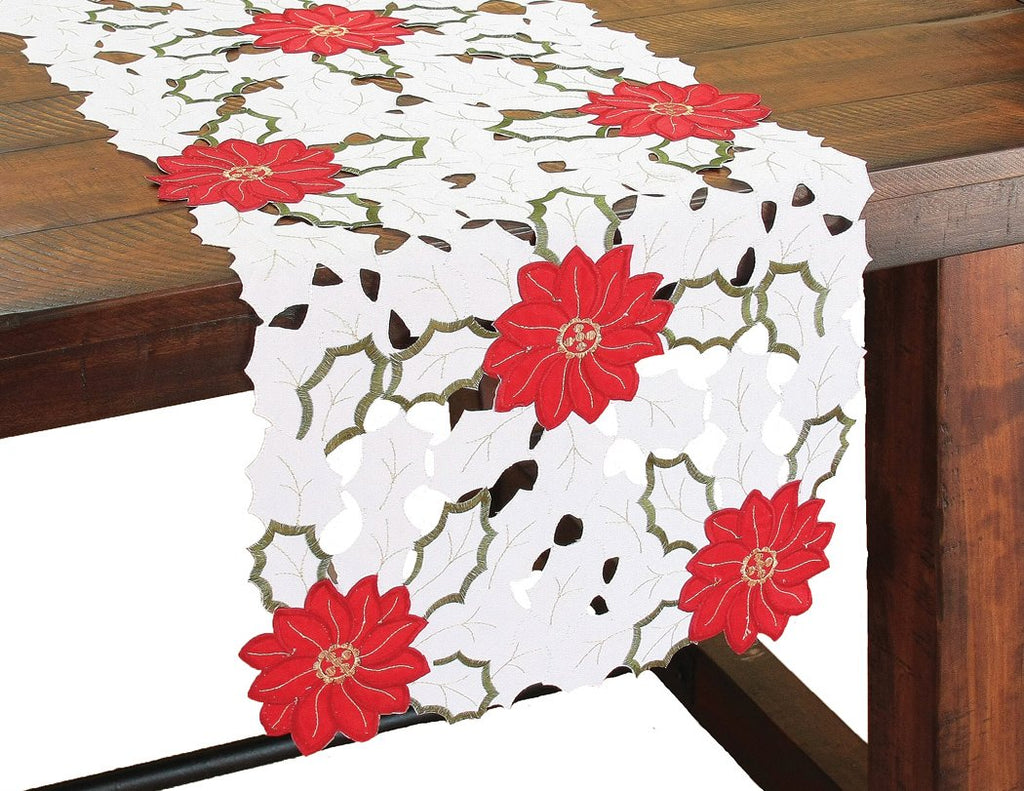 XD13024 Holiday Poinsettia Mini Table Runner 12x28 White