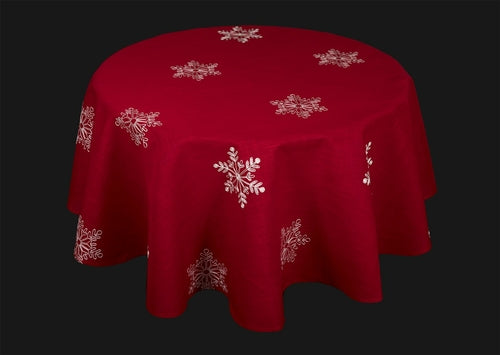 Snowy Noel Red Snowflake Tablecloth | Embroidered Holiday Linen | 7 Sizes