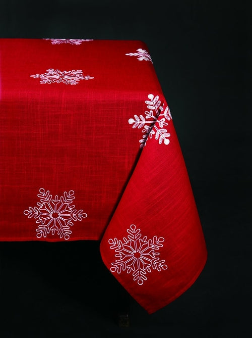 Snowy Noel Red Snowflake Tablecloth | Embroidered Holiday Linen | 7 Sizes