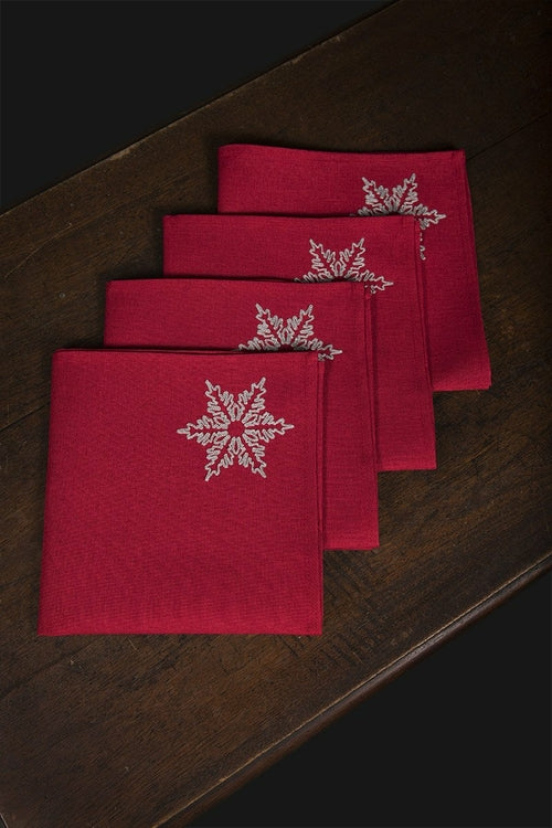 Glisten Snowflake Napkins – Set of 4 | Embroidered | Red or Grey