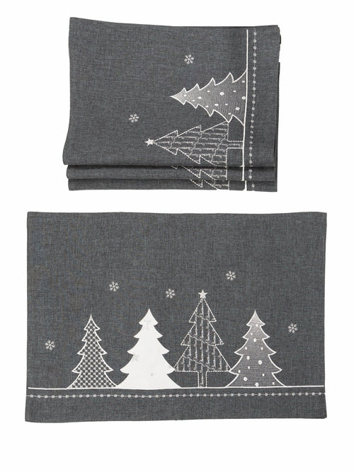 Fairytale Christmas Tree Placemats – Set of 4 | Embroidered Snowflakes | Red or Dark Gray