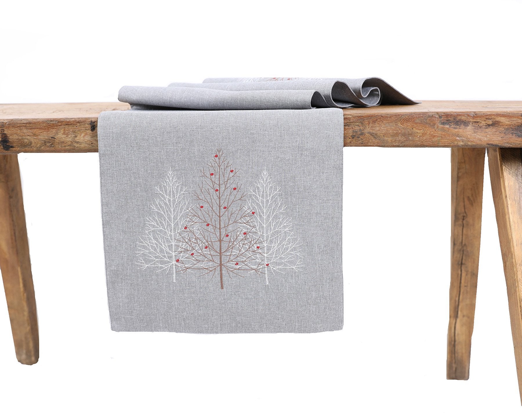 Christmas Tree Table Runner – Embroidered Reversible | White or Gray | 3 Sizes