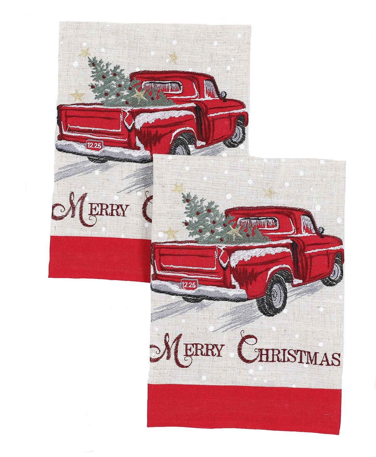 Vintage Red Truck Christmas Tea Towels – Set of 2 | Embroidered Holiday Linen