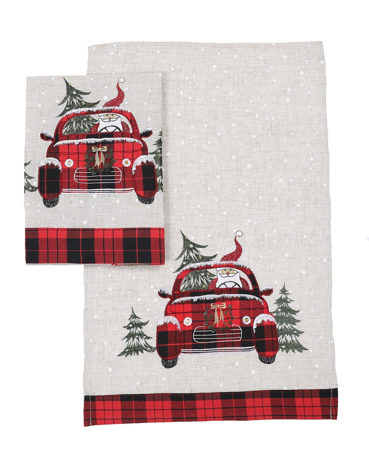 Tartan Santa Car Christmas S Tea Towel | Set of 2
