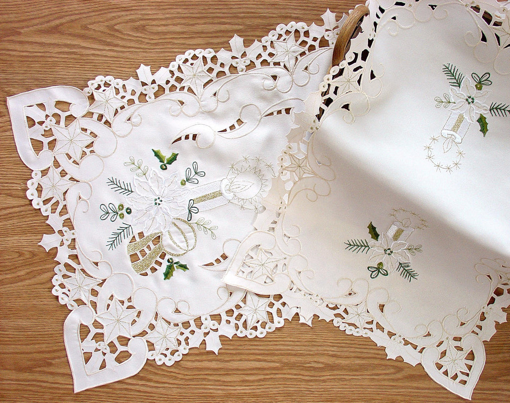 Christmas Candle Sconce Table Linen – Placemats, Runner & Topper | Embroidered Cutwork
