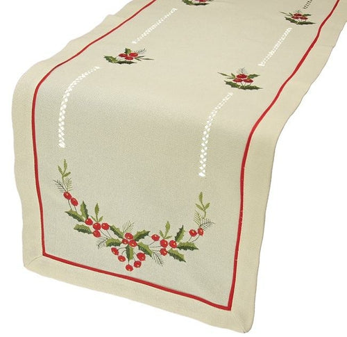 Country Holly Berry Placemats & Table Runner | Embroidered Hemstitch Holiday Linens