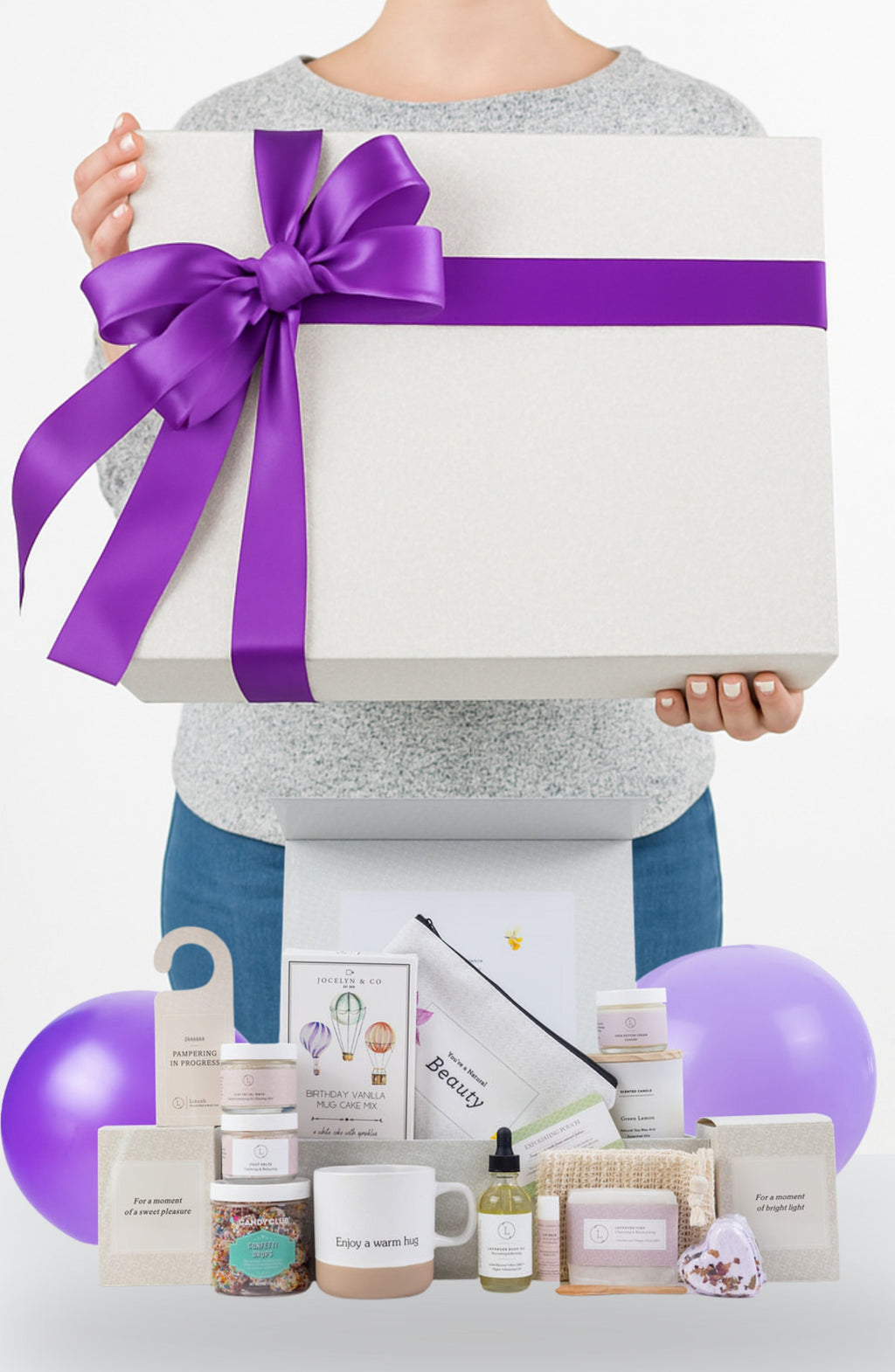The Ultimate Birthday Pamper Gift Box | 17-Piece All Natural Spa Set | Mug Cake, Balloons, Candle & More | Lizush