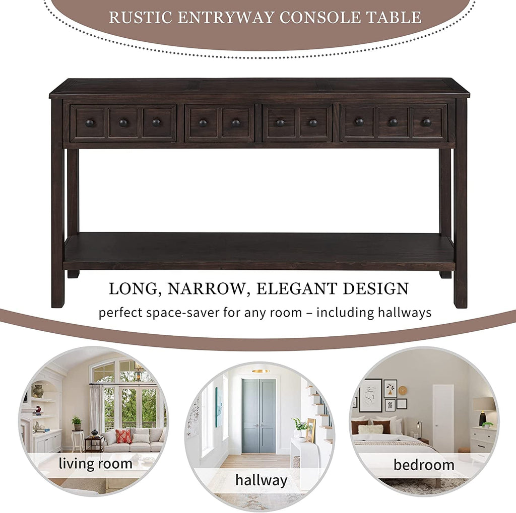 Rustic 60 Inch Console Table With Drawers And Shelf