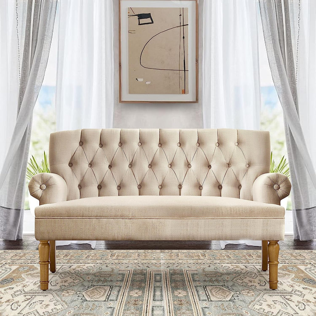 Warm Beige Tufted Linen Love Seat For Small Spaces