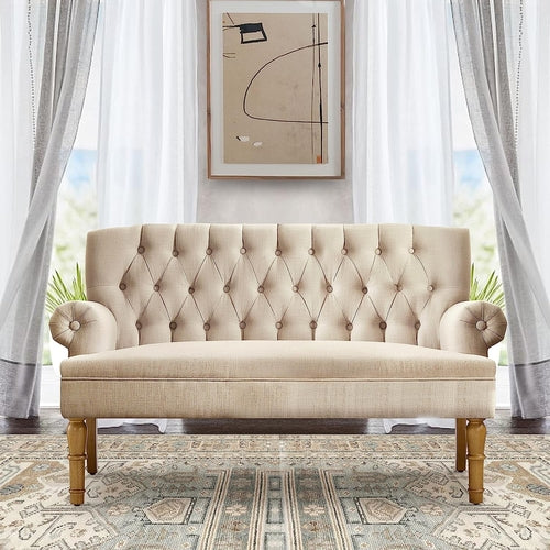 Warm Beige Tufted Linen Love Seat For Small Spaces