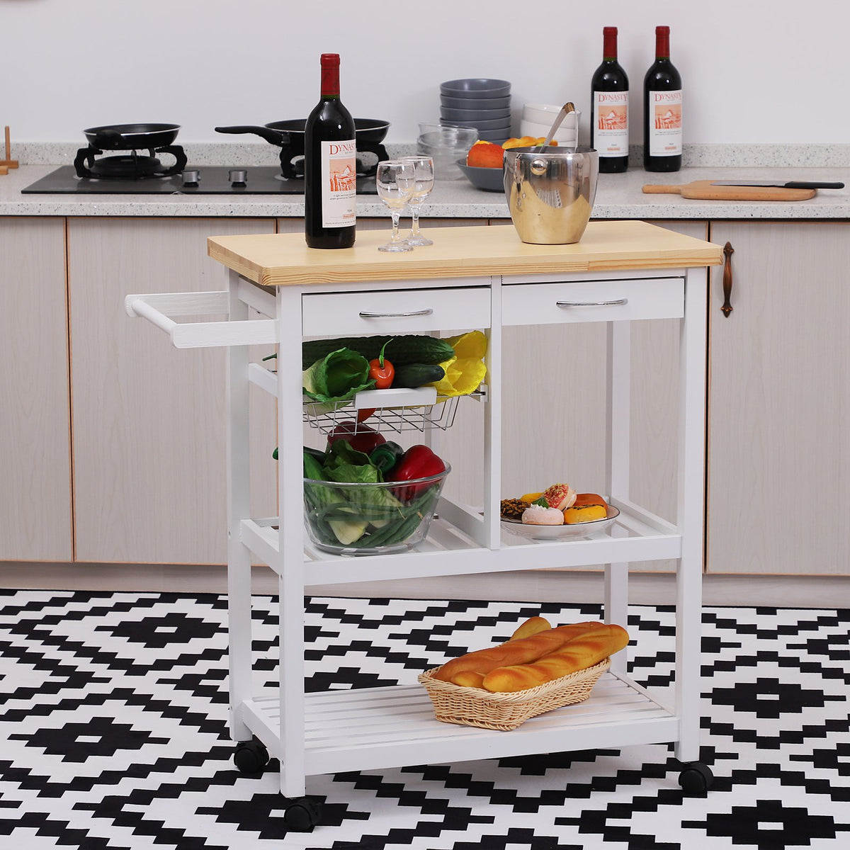 HOMCOM Wooden Rolling Kitchen Trolley Wood Top Island Storage Serving