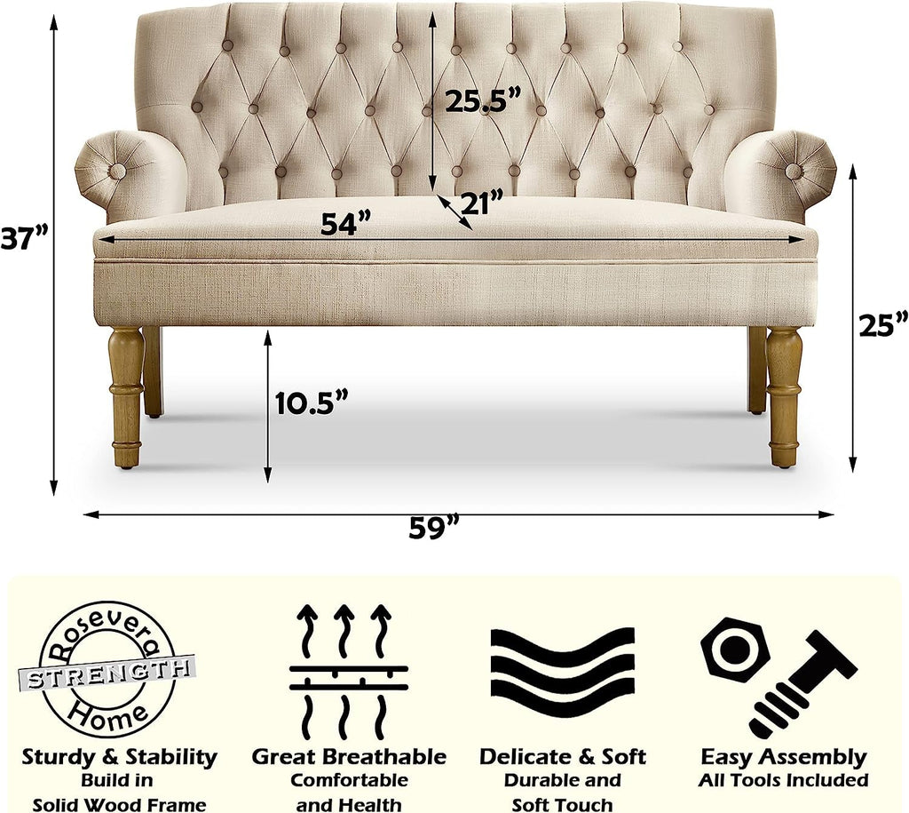 Warm Beige Tufted Linen Love Seat For Small Spaces