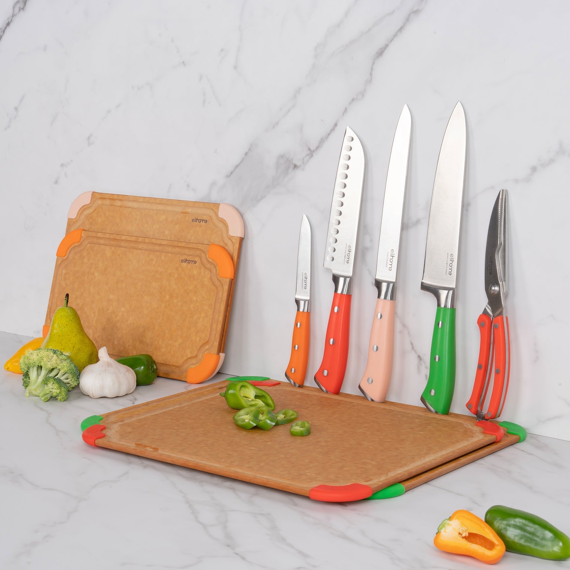 9-Piece Cutting Board & Knife Set | Cutting Wise | German Stainless Steel | Color-Coded Boards | Chef, Santoku, Slicer, Paring & Shears