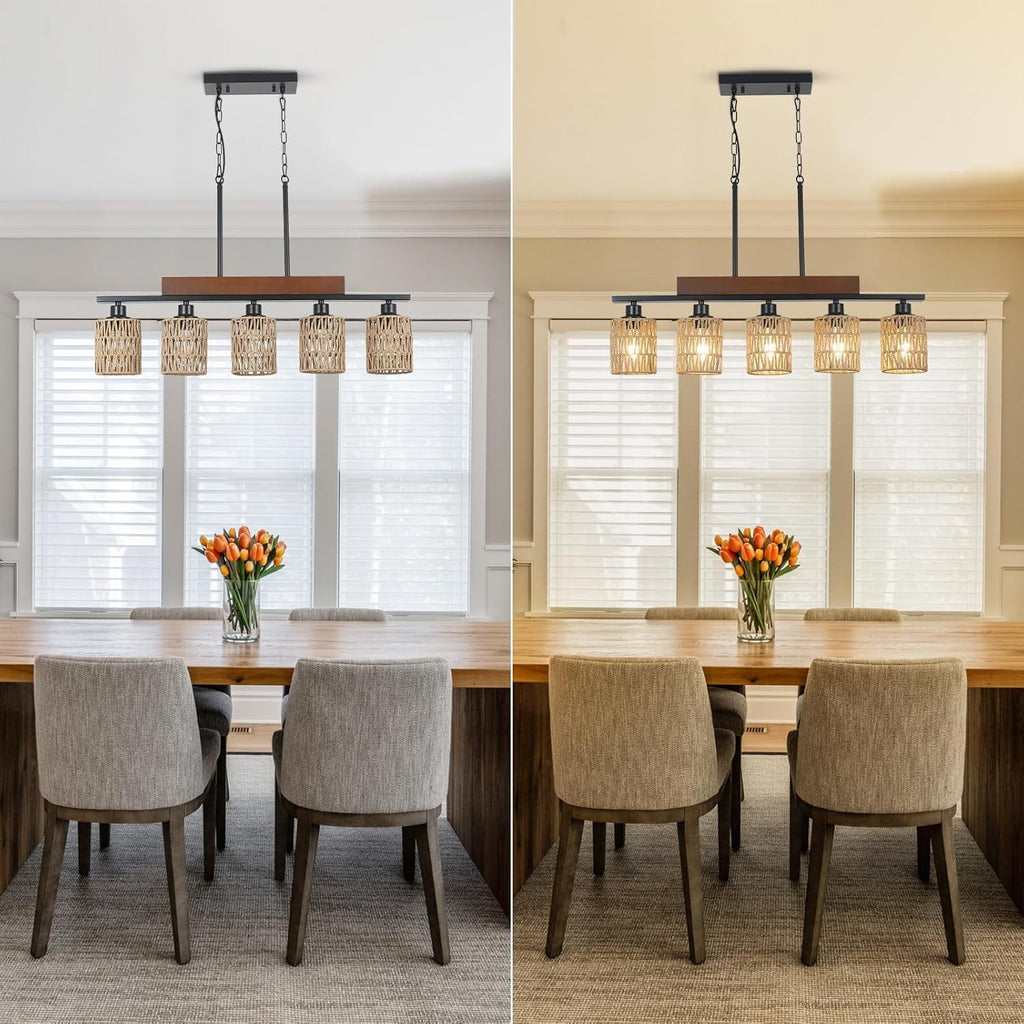 Rattan Farmhouse 5 Light Linear Chandelier Black Lighting