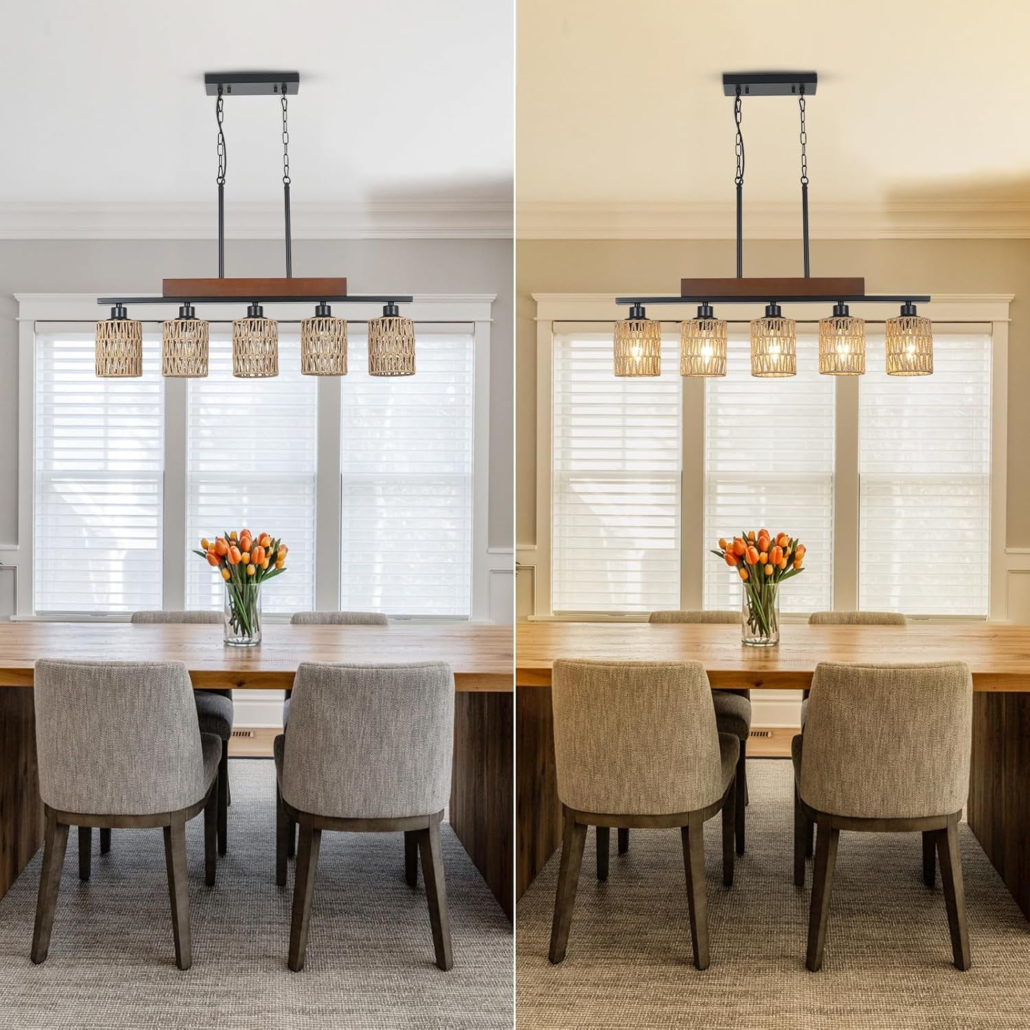 Rattan Farmhouse 5 Light Linear Chandelier Black Lighting