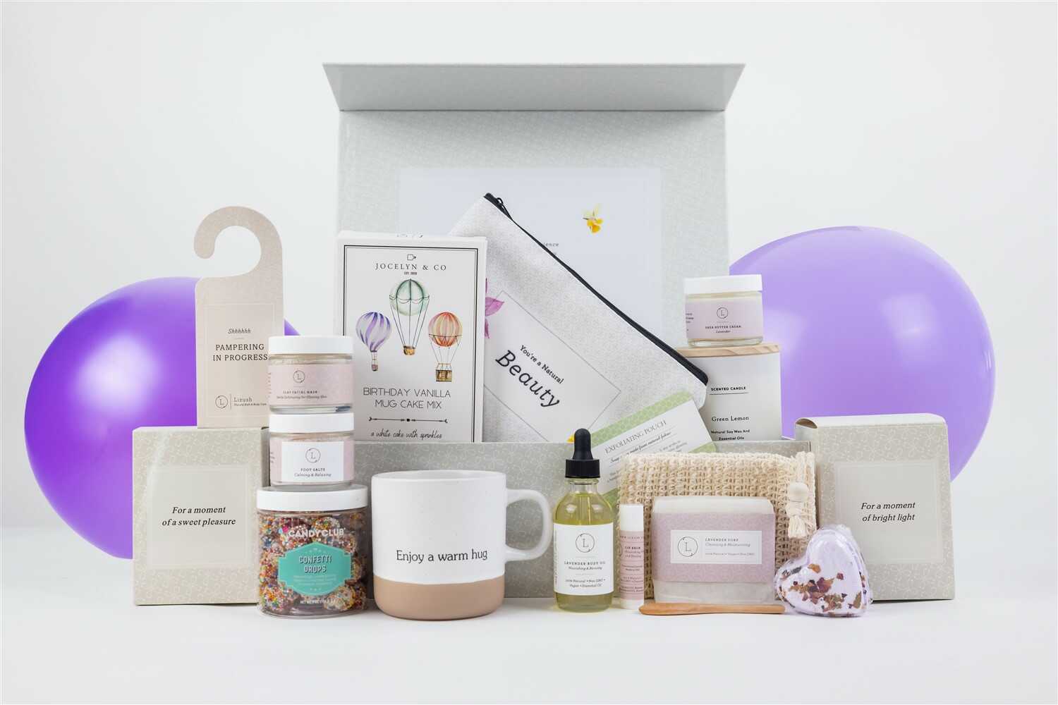 The Ultimate Birthday Pamper Gift Box | 17-Piece All Natural Spa Set | Mug Cake, Balloons, Candle & More | Lizush