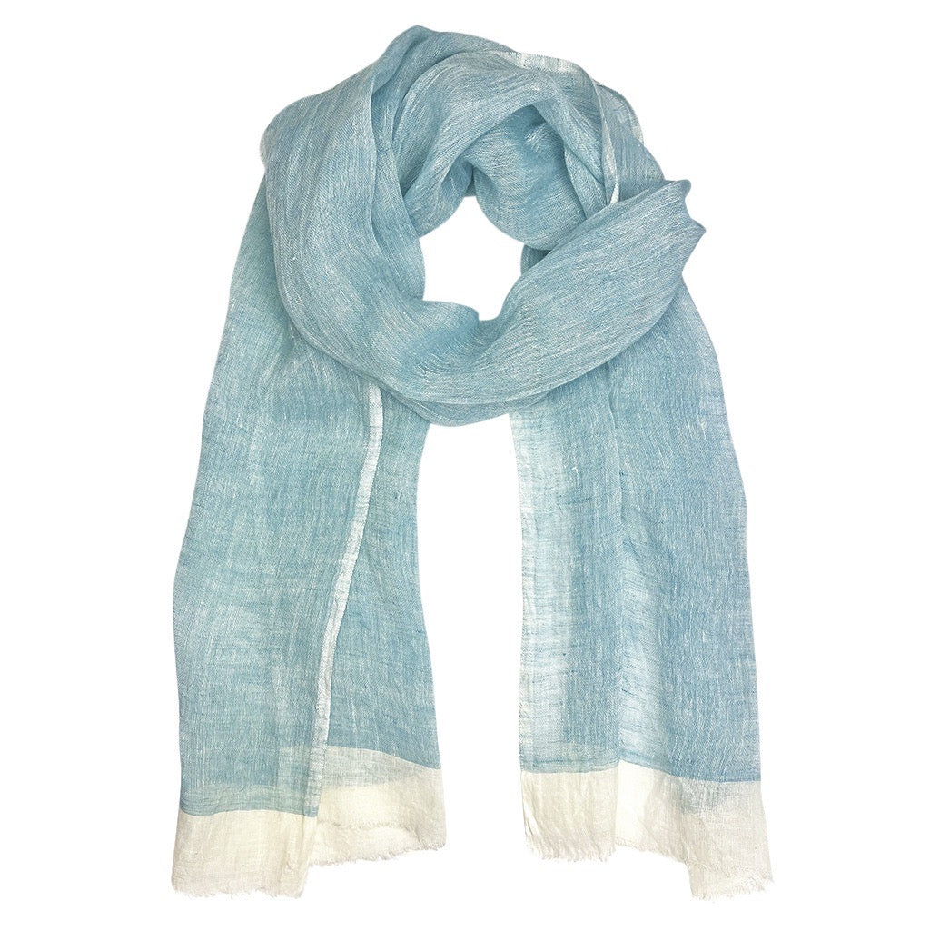 Handwoven 100% Linen Scarf | Eyelash Fringe | Handmade in Ethiopia | 79" x 17" | French Gray, Aqua, Flax & Blush | Slate + Salt