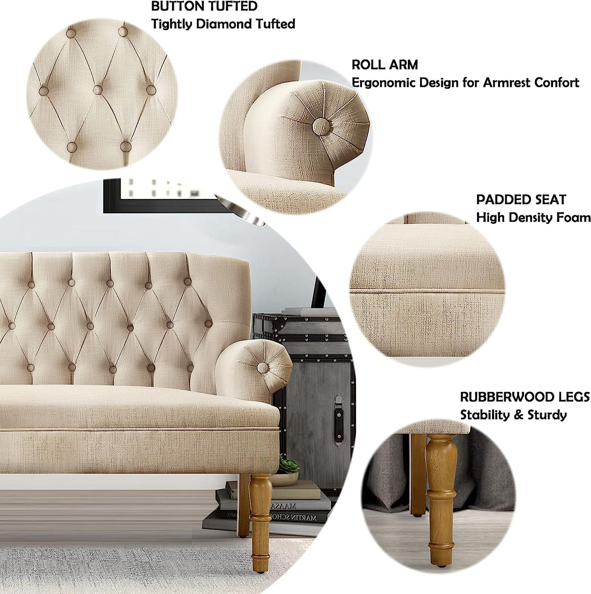 Warm Beige Tufted Linen Love Seat For Small Spaces