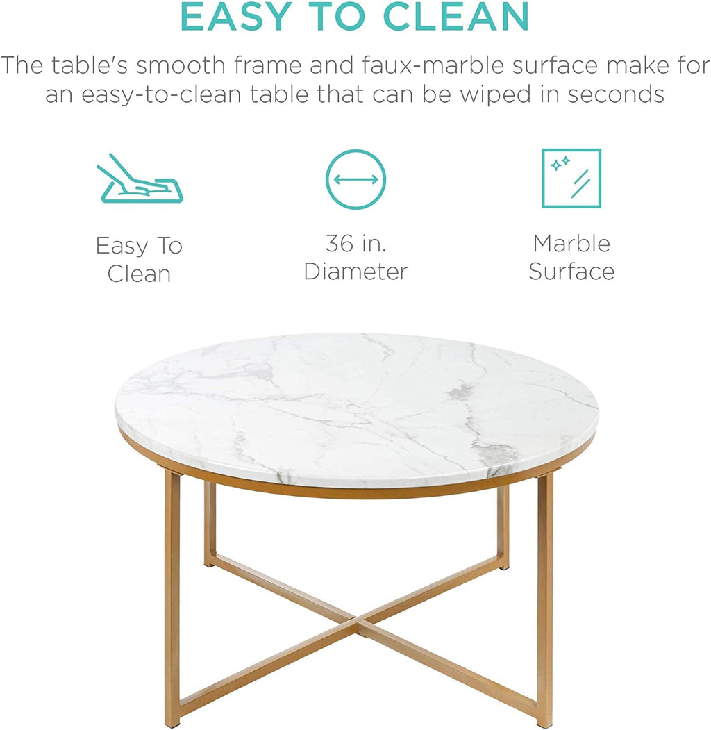 Round Coffee Table With Faux Marble Top Cross Leg Design