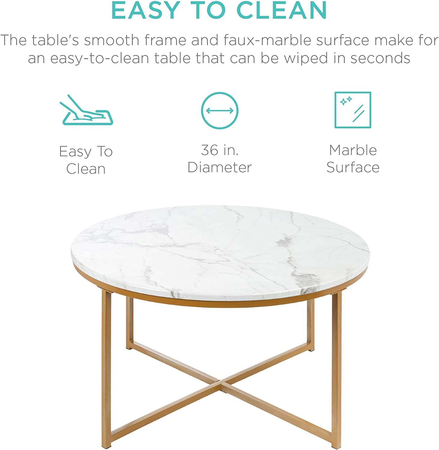 Round Coffee Table With Faux Marble Top Cross Leg Design