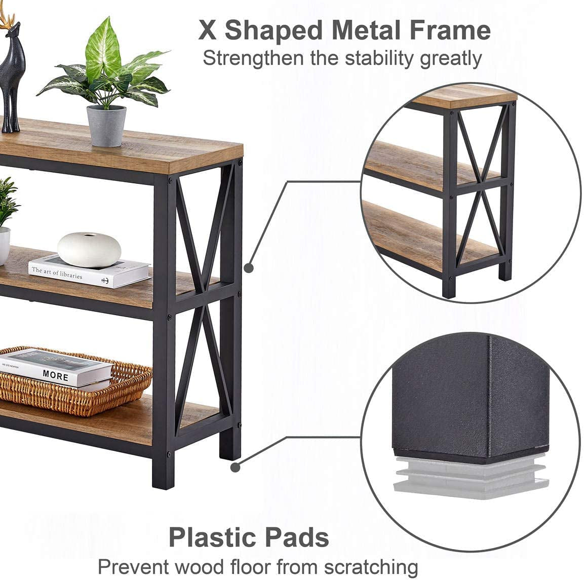 Rustic Wood Console Table With Three Shelves Metal Frame