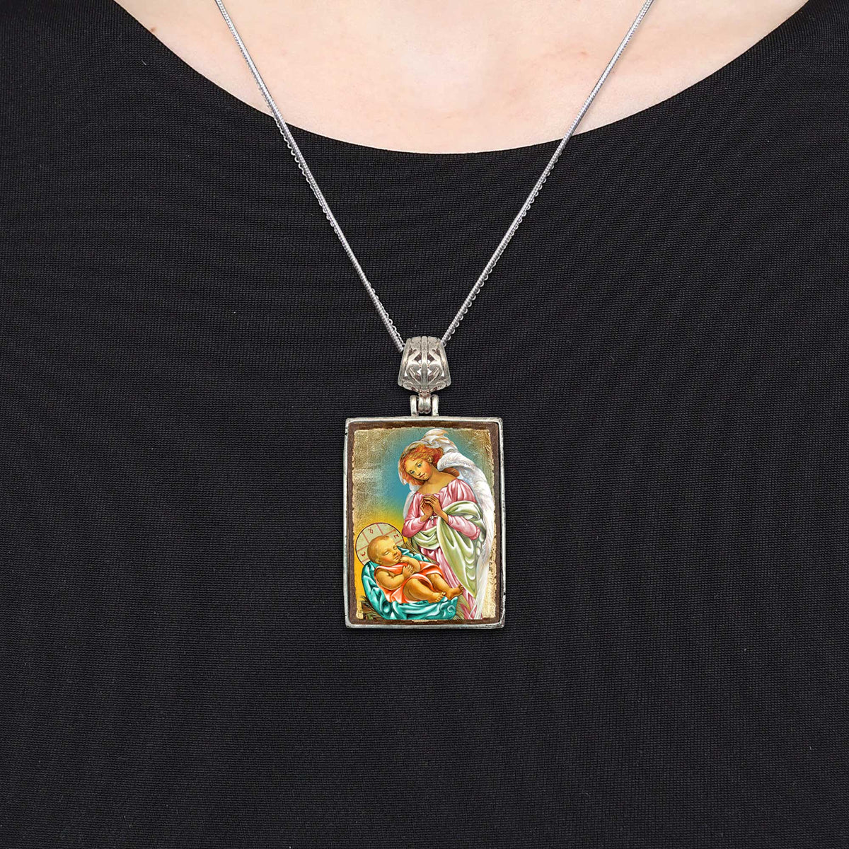 Blessing Angels Religious Jewelry Silver Plated Necklace, Gold-Plated Wooden Cabochon - Christian Sacred Icon - Inspirational Icon Decor - 43028R