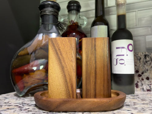 Acacia Wood Salt & Pepper Shakers with Wood Base | Handcrafted | Kalmar Home