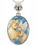Angels Watching Over Mother-of-Pearl Pendant Necklace, Silver-Plated