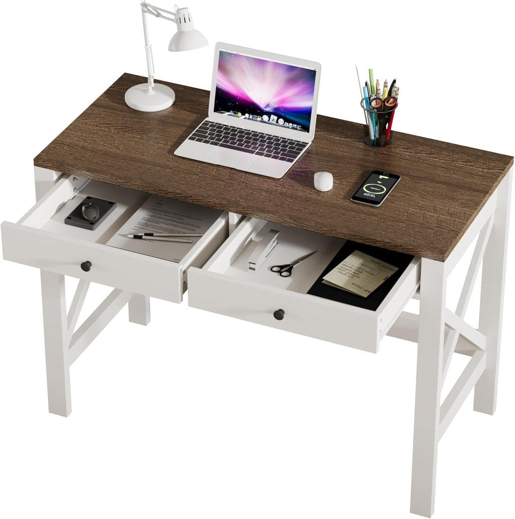 39 Inch Farmhouse Computer Desk With Drawers And X Frame